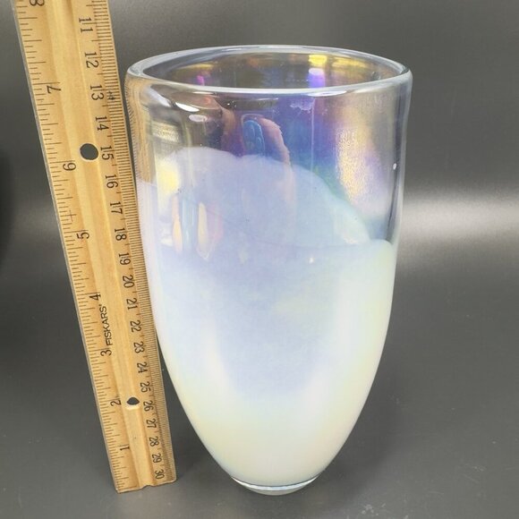Heavy Art Glass Vase Vessel White Iridescent Finish Multicolor Glass Vase Decor - Picture 2 of 15